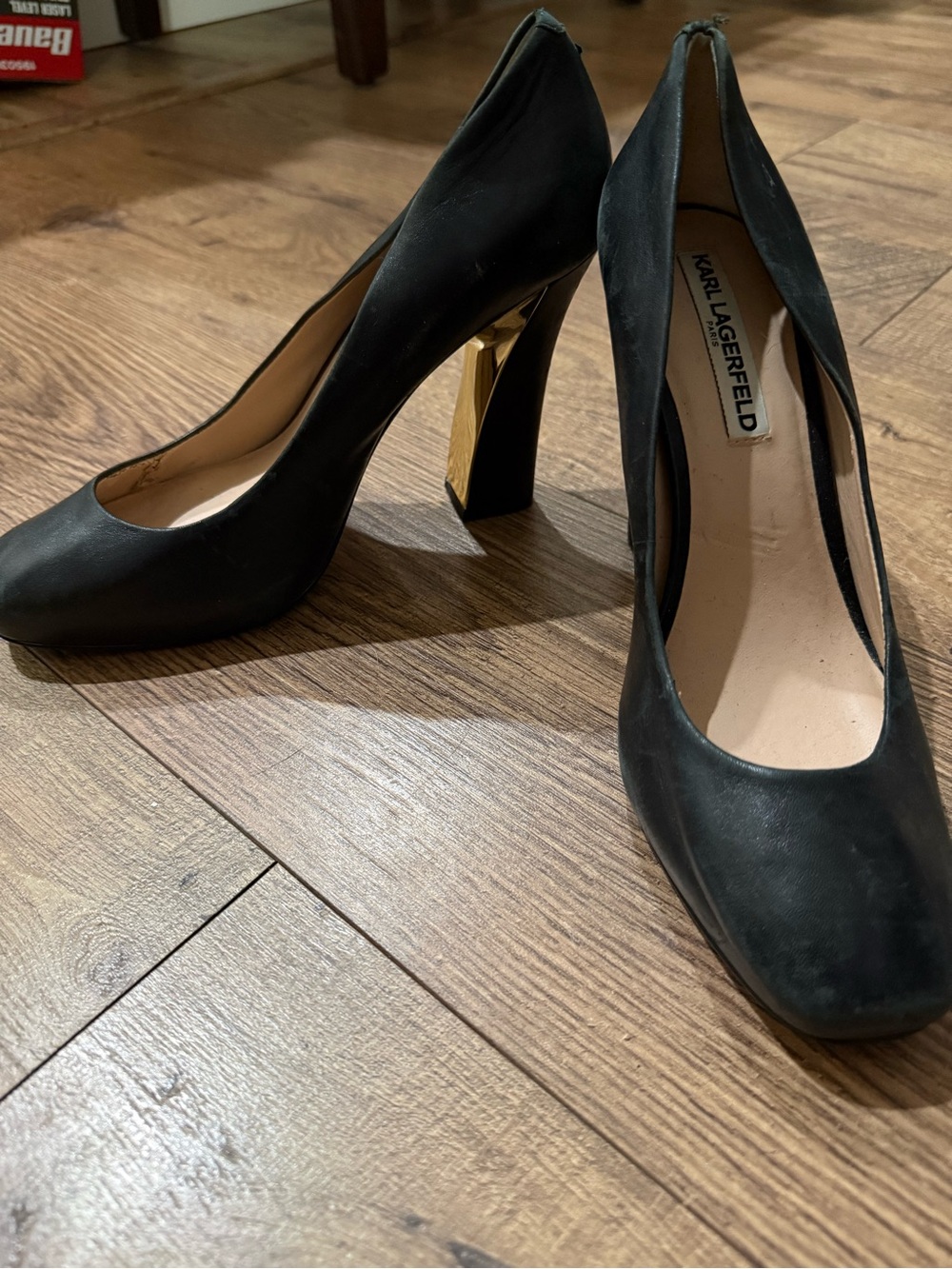 Karl Lagerfeld Black Pumps with Gold Block Heel Accent